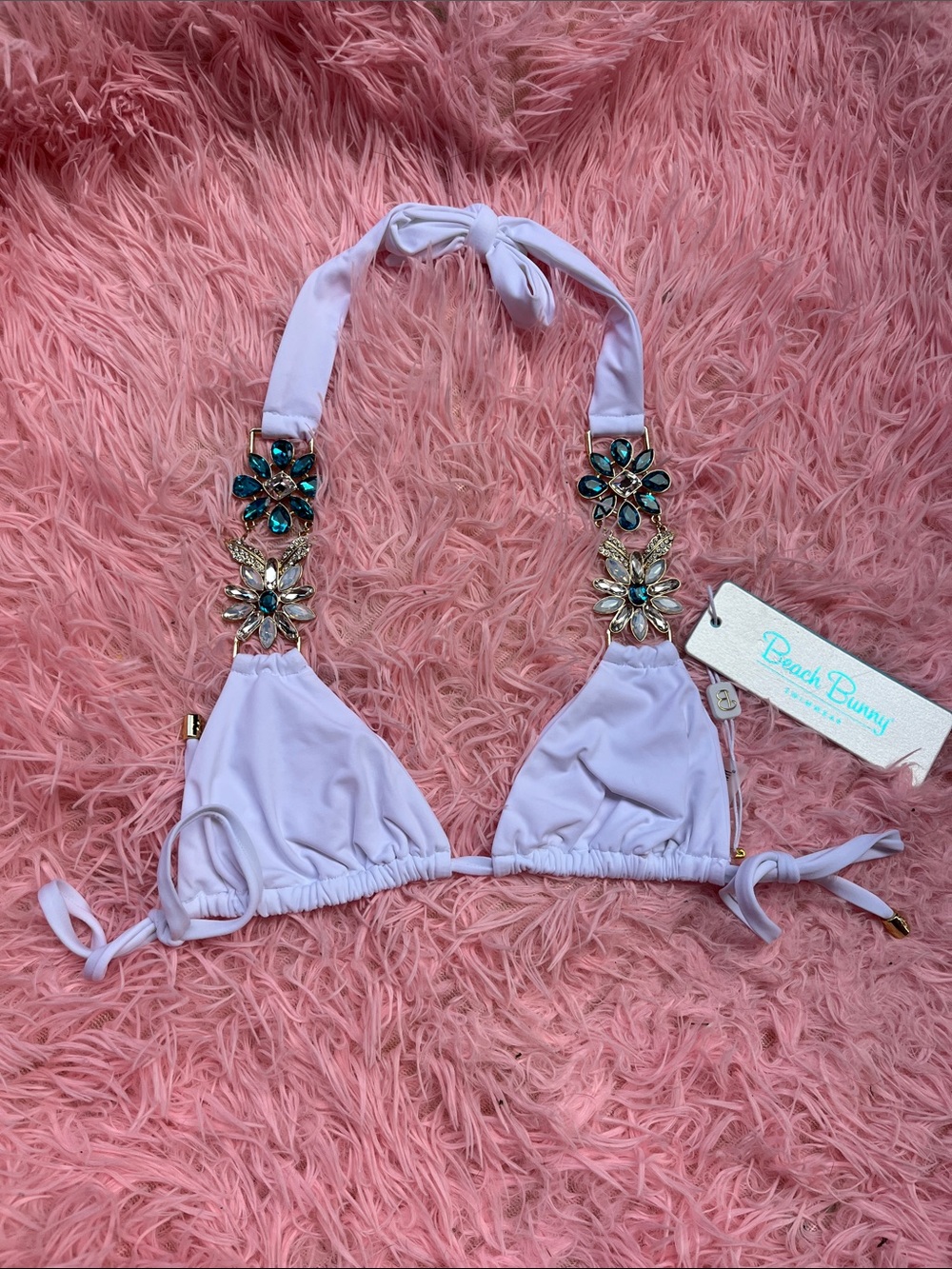 Beach Bunny White  Triangle Bikini Top with Teal & Clear Gem Flowers